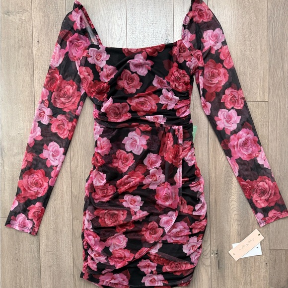 Pink and Red Floral Long Sleeve Mini Dress - Picture 6 of 13